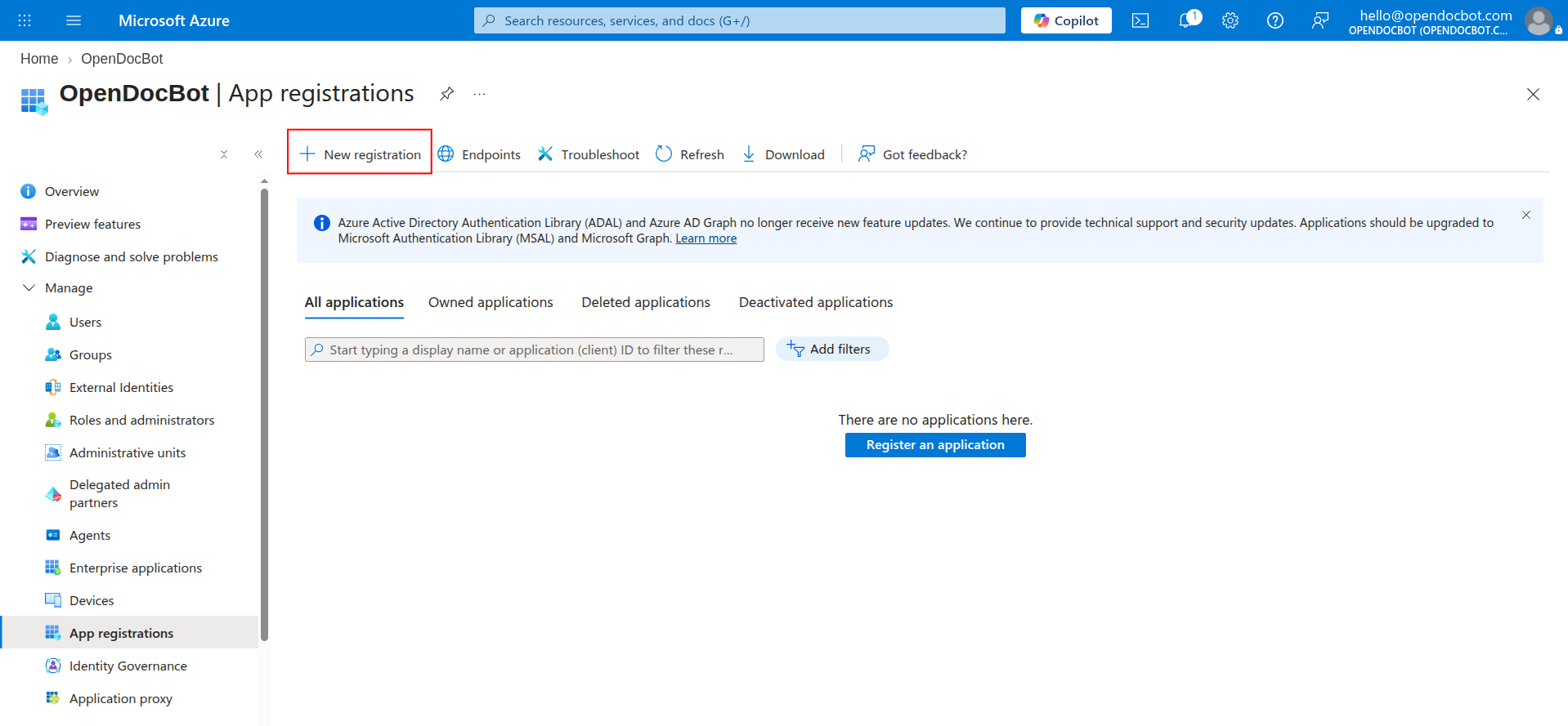Creating a new app registration in Entra ID