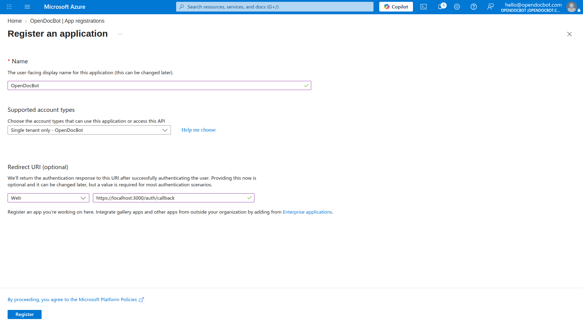 Adding the Web redirect URI to the app registration
