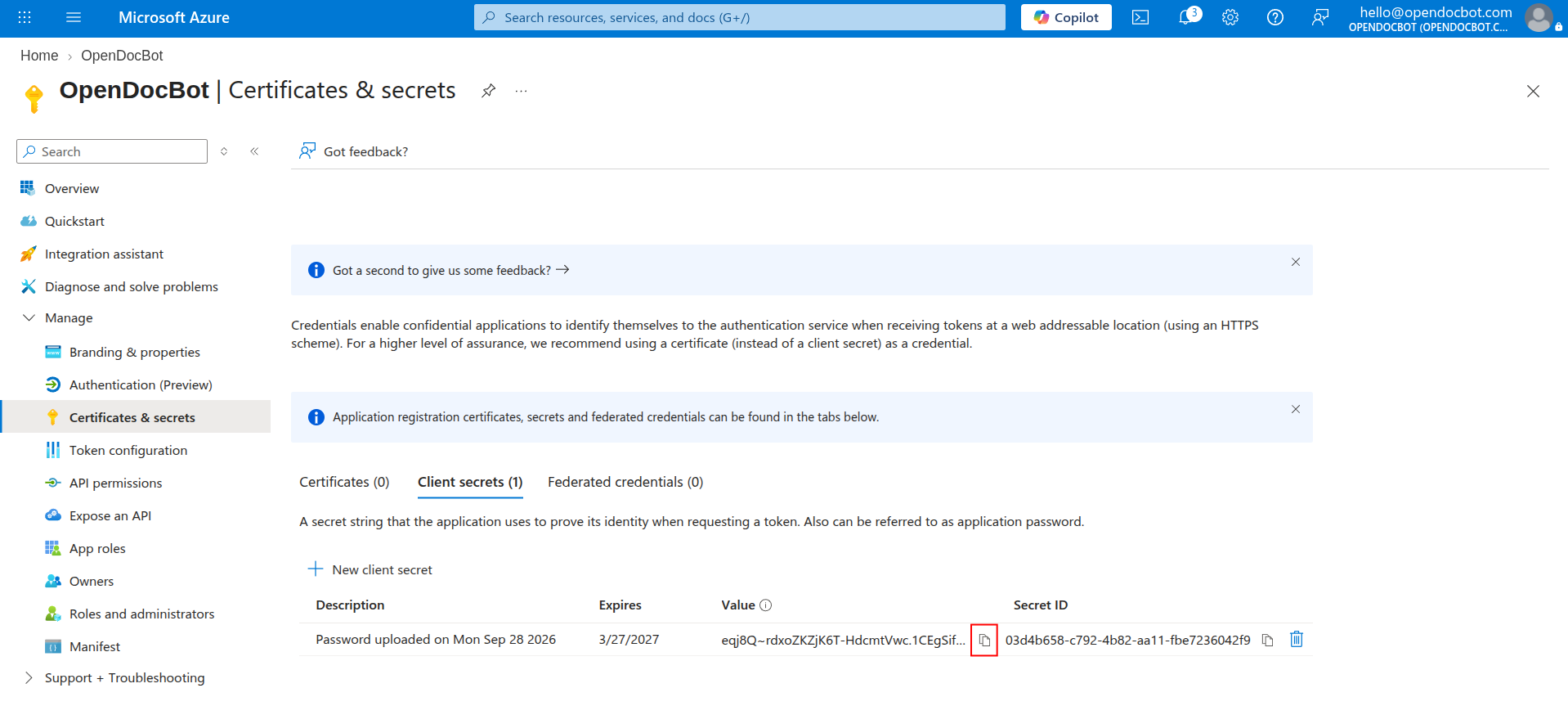 Copying the client secret value