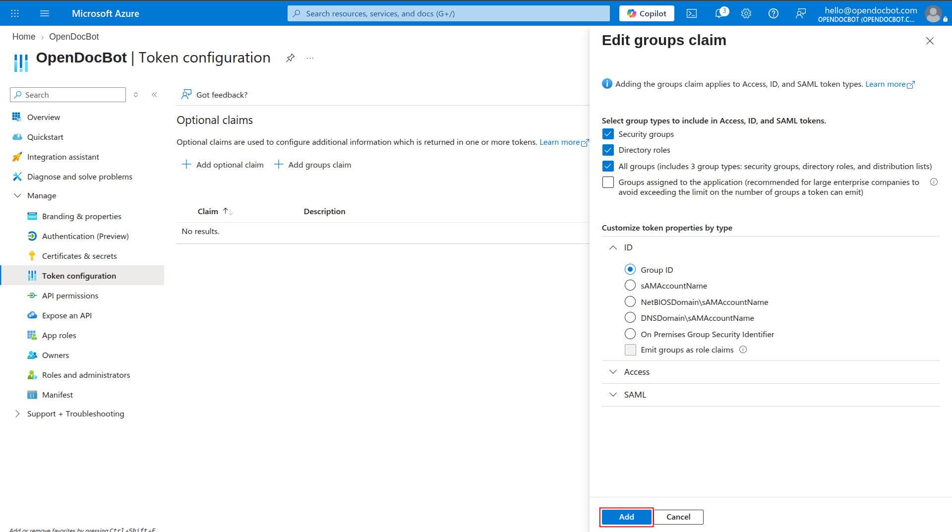 Selecting the group types and format for the groups claim